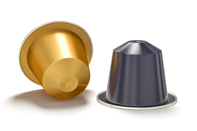 Coffee capsules - Plastic or aluminium container for dosed, airtight storage of coffee powder